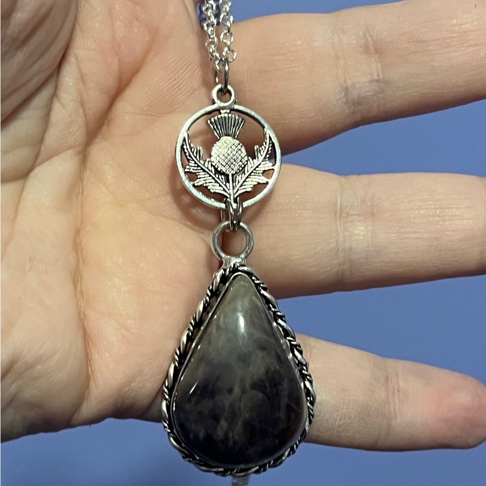Scottish Thistle amethyst pendant, Green Witch necklace, Celtic thistle